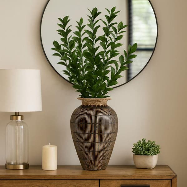 Liv & Skye 19 in. Black Ceramic Round Lines Decorative Vase with Woven Top