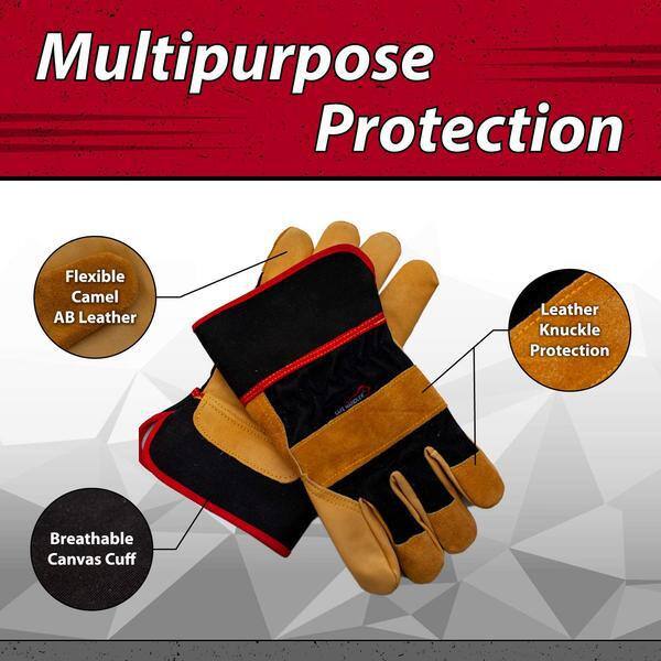 BISON LIFE Black, XGrip Camel Leather Work Gloves, Elastic Band
