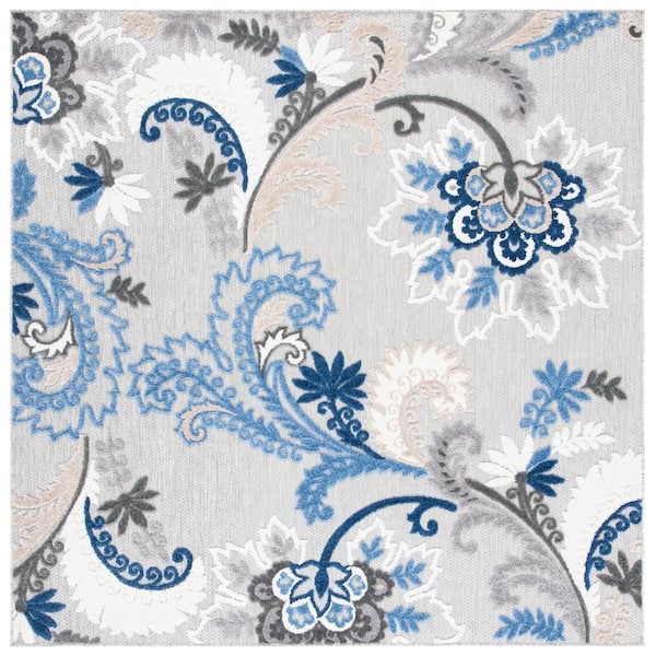 Cabana Gray/Blue 3 ft. x 3 ft. Floral Scroll Indoor/Outdoor Square Area Rug