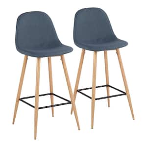 Pebble 39.25 in. Blue Fabric and Natural High Back Metal Bar Stool (Set of 2)