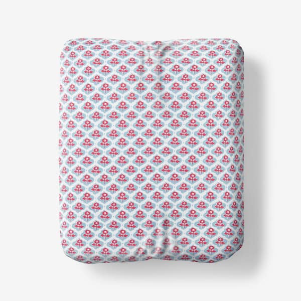 The Company Store Company Cotton Mini Garden Block Blue/Pink Cotton Percale Queen Fitted Sheet