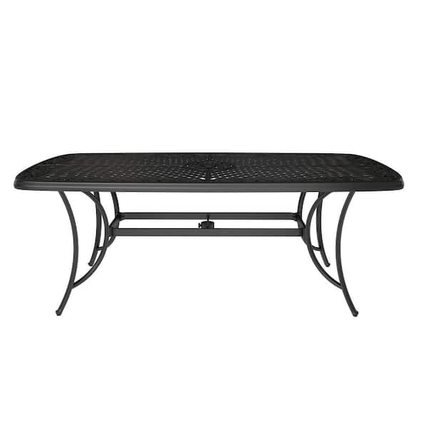 Outdoor Cast Aluminum Rectangle Dining Table with Umbrella Hole and Adjustable Feet for Patio Backyard Deck Use