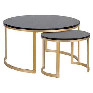 Mitera 36 in. Brass/Black Round Composite MDF Top Nested Coffee Tables
