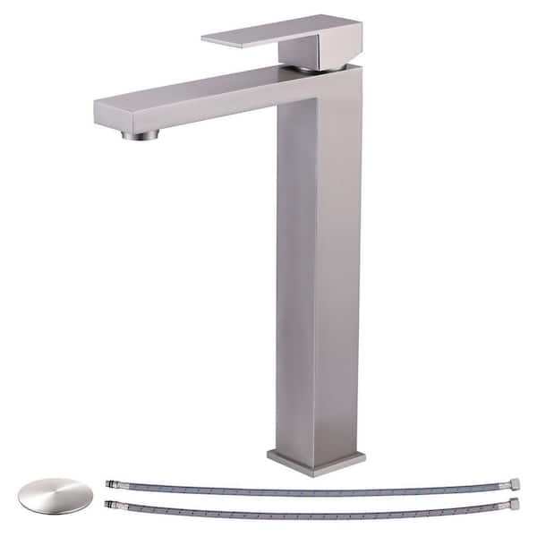 Single Handle Single Hole High Arc Bathroom Faucet with Pop-Up Drain in Brushed Nickel