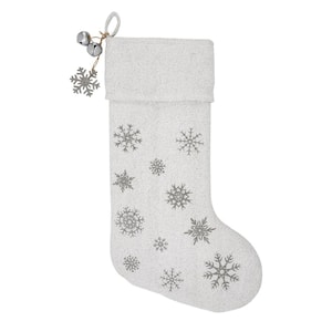 20 in. Antique White Silver Burlap Yuletide Snowflake with Jingle Bells Christmas Stocking