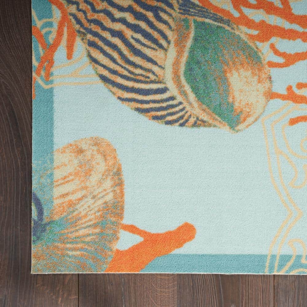 Light Blue Coastal Floral Synthetic Area Rug