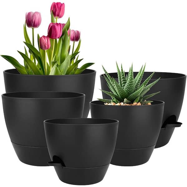 ITOPFOX Modern 6 in. L x 10 in. W x 8 in. H Pure Black Plastic Round Indoor Planter (5-Pack)