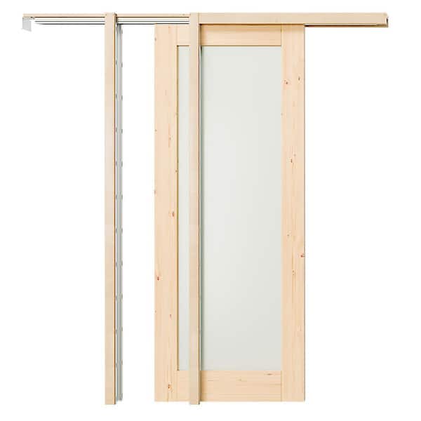TENONER 64 in. x 80 in. Full Lite, Pre-Assembled Panel, Tempered Frosted MDF, Light Brown Primed Pocket Door Frame with Hardware