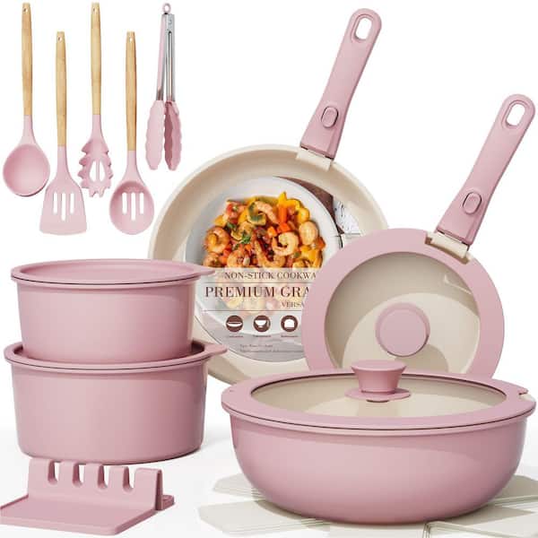 Stackable Oven-Safe Induction-Ready Detachable-Handle Ceramic 21-Piece Aluminum Nonstick Cookware Set in Pink
