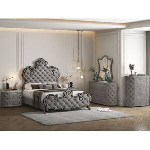 Perine Gray Queen Panel Bed with Button Tufted