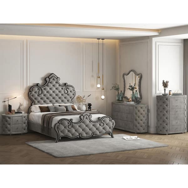 Acme Furniture Perine Gray Queen Panel Bed with Button Tufted