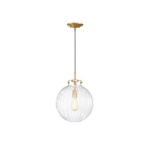 Meridian 12 in. W x 16 in. H 1-Light Natural Brass Pendant Light with Clear Ribbed Glass Orb Shade