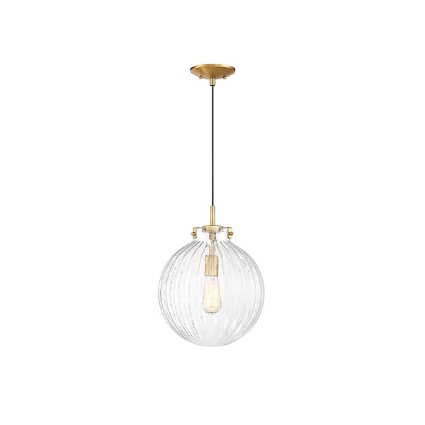 Savoy House Meridian 12 in. W x 16 in. H 1-Light Natural Brass Pendant Light with Clear Ribbed Glass Orb Shade