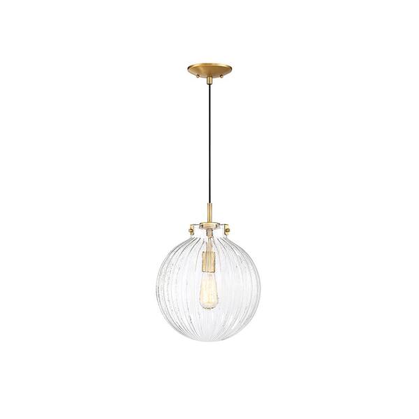 TUXEDO PARK LIGHTING 12 in. W x 16 in. H 1-Light Natural Brass Pendant Light with Clear Ribbed Glass Orb Shade