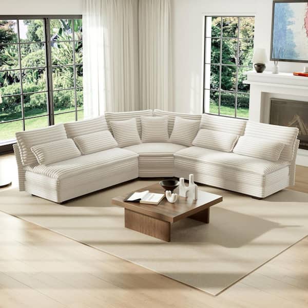 Egil Modern 102.4 in. Corduroy Upholstery L-Shaped Sectional Sofa in. White with 3 Throw, 4 Lumbar