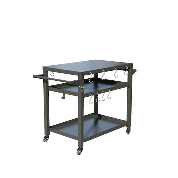3-Tier Stainless Steel Outdoor Grill Table on Wheels, Outdoor BBQ Grill Cart w/ Open Shelf and Propane Tank Hook, Grey