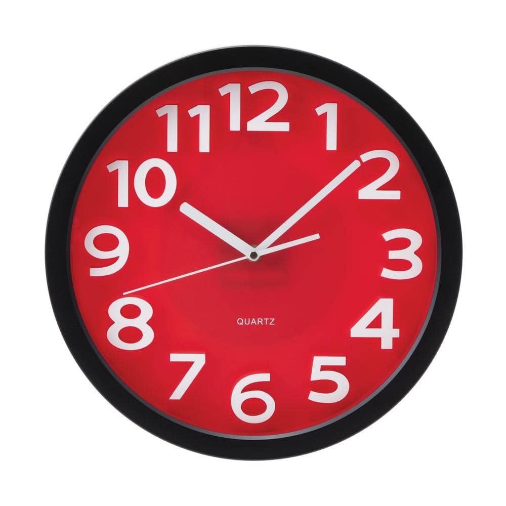 13-Inch Red and Black Plastic Wall Clock with Raised Numerals