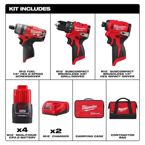 M12 FUEL 12V Lithium-Ion Brushless Cordless 1/4 in. HexScrewdriver Kit W/(4) Batteries,&Drill Impact Driver Kit