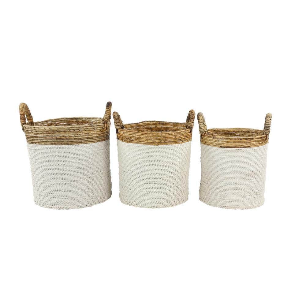 Handwoven White and Natural Seagrass Round Storage Baskets, Set of 3