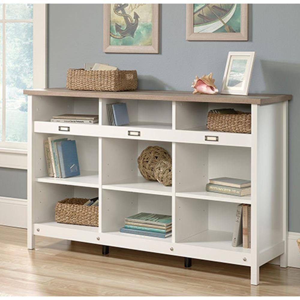 Soft White Adjustable 9-Cubby Storage Unit with Oak Accent
