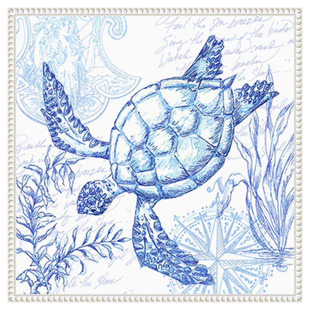 Coastal Sketchbook Turtle Blue Ink Canvas Wall Art with White Frame