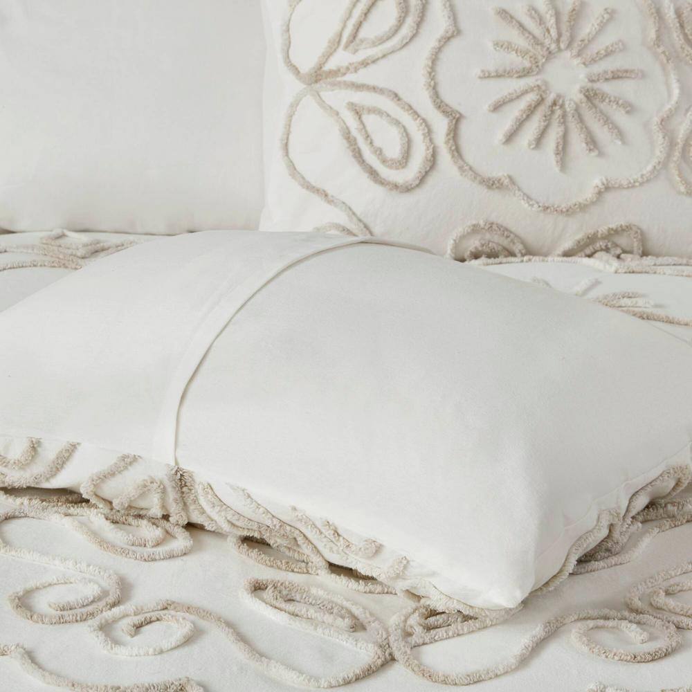Ivory Full Tufted Cotton Chenille Coverlet Set with Graphic Detail