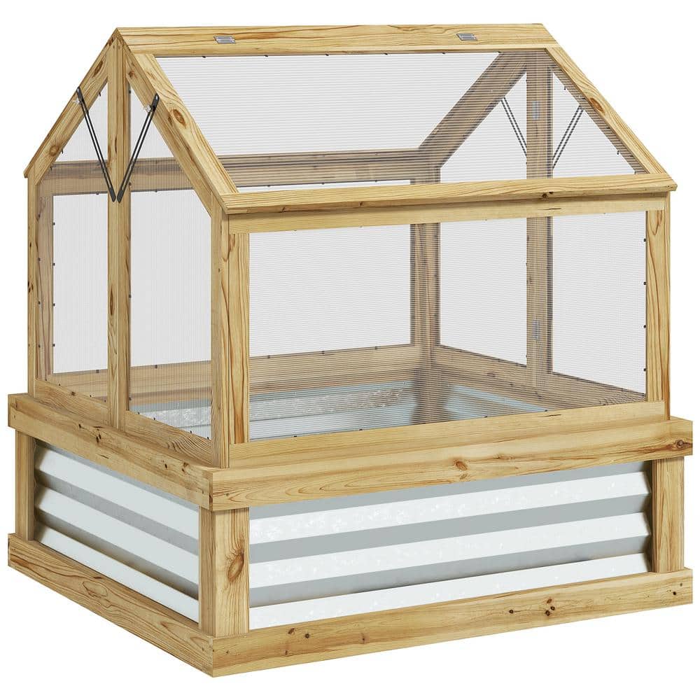 Natural Wood Raised Garden Bed with Polycarbonate Garden Greenhouse Flower Planter Protection, Peak Roof price history on PriceWatchPro