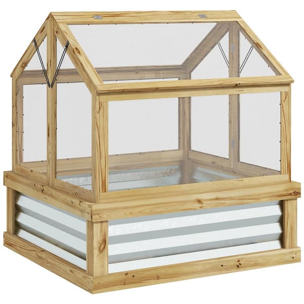 Zeus & Ruta Natural Wood Raised Garden Bed with Polycarbonate Garden Greenhouse Flower Planter Protection, Peak Roof