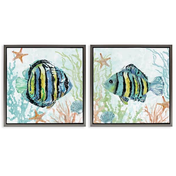 Stupell Industries Aquatic Striped Fish by Carol Robinson 2-Pieces Gray Floater Frame Animal Graphic Art Print 25 in. x 25 in.