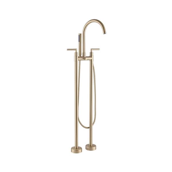 2-Handle Freestanding Tub Faucet with Hand Shower in Brushed Gold
