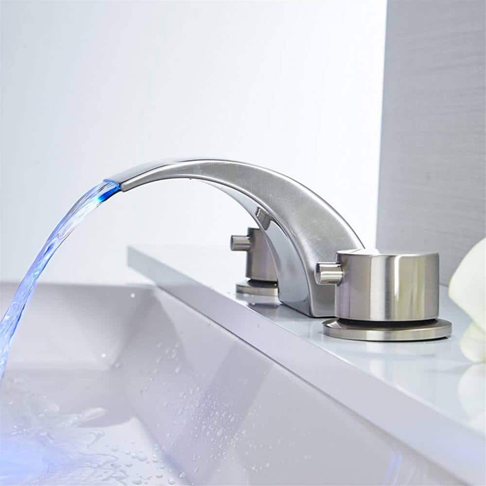Brushed Nickel LED Waterfall Widespread Bathroom Faucet