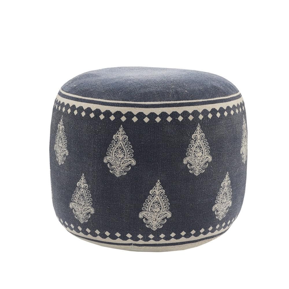 Nora Navy Blue/Cream Paisley Flatweave Organic Cotton Ottoman Pouf