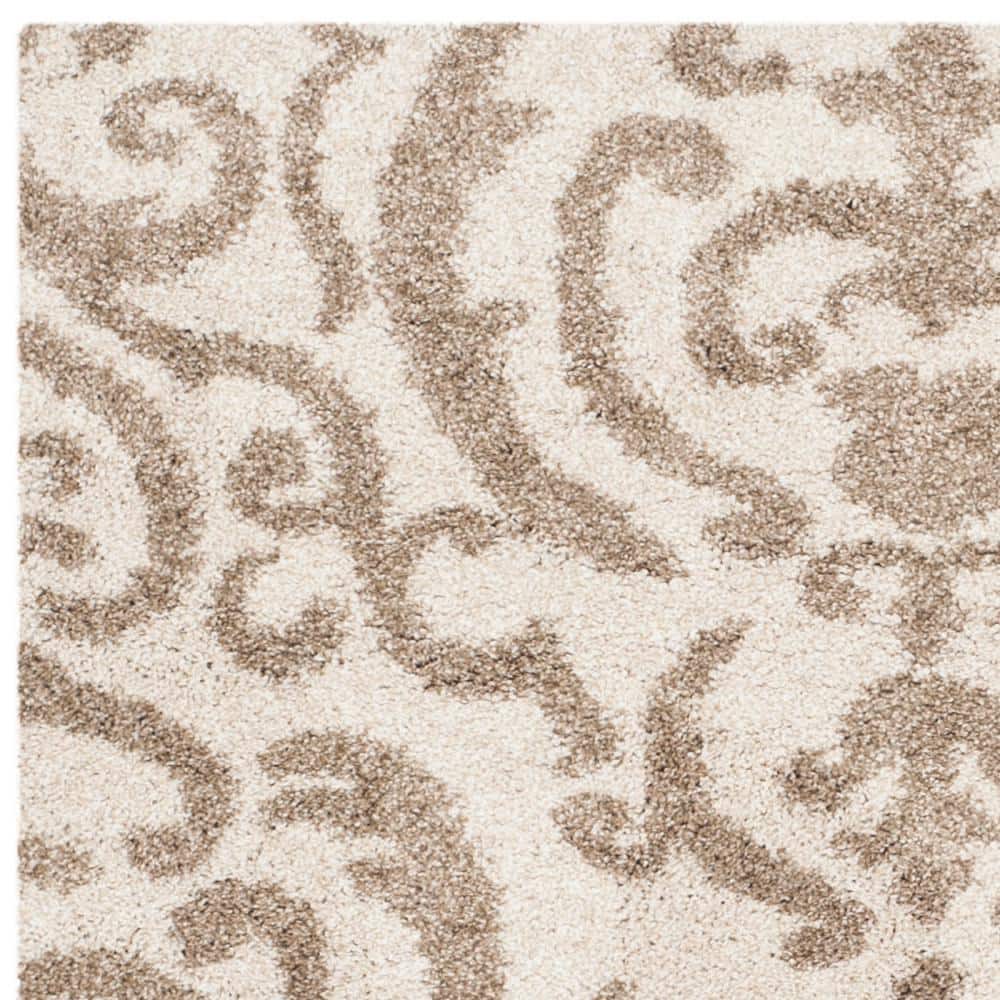 Cream and Beige Floral Shag 4' Square Area Rug