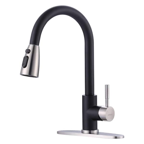WOWOW Single-Handle Pull-Down Sprayer Kitchen Faucet with Stream and PowerSpray Mode in Brushed Nickel and Black