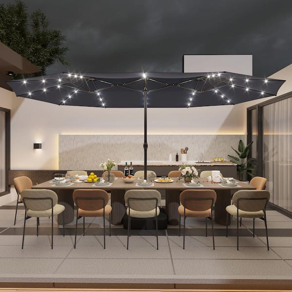 FUFU&GAGA 15 ft. Large Market Patio Umbrella with 36 Solar Lights Double-Sided Outdoor Umbrella with Base and Sandbag in Navy Blue