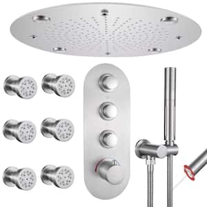 Luxury 5-Spray Thermostatic Shower Head 16 in. Round Ceiling Fixed and Handheld Shower Head and 6-Jet in Brushed Nickel