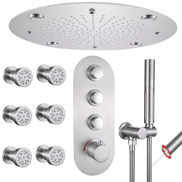 Vanfoxle Luxury 5-Spray Thermostatic Shower Head 16 in. Round Ceiling Fixed and Handheld Shower Head and 6-Jet in Brushed Nickel