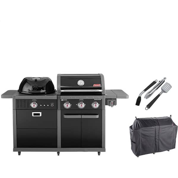 Revolution Dual Fuel Grilling Kit with 3-Burner Gas BBQ Grill, Charcoal Kettle Grill, Cover, & 3-Piece Tool Set