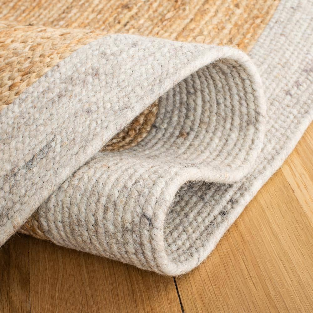 Handmade Beige and Natural Round Wool Cotton Rug, 5' x 5'