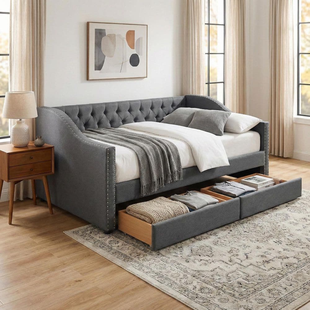 Gray Wood Frame Twin Size Upholstered Daybed with 2-Drawer, Tufted Back, Notched Arms with Nailhead Trim
