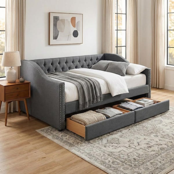 Gray Wood Frame Twin Size Upholstered Daybed with 2-Drawer, Tufted Back, Notched Arms with Nailhead Trim