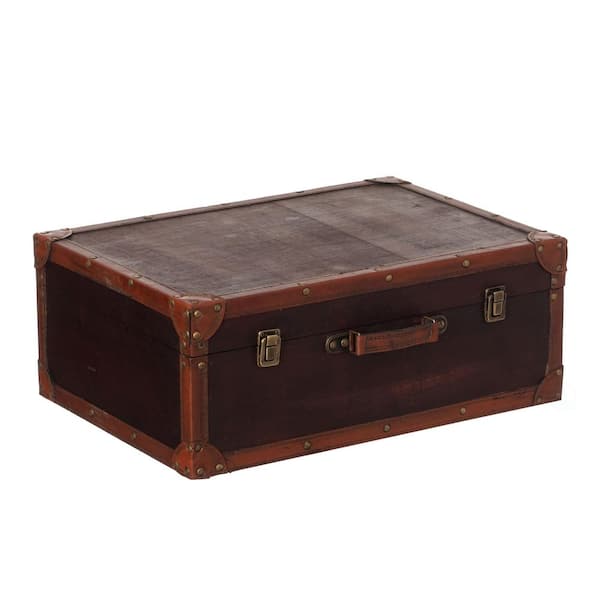 Vintage-Style Wooden Display Suitcase Box w/ Faux Leather Trim,Brass Hardware and Classic Trunk Detailing for Home Decor