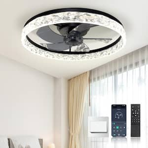 20 in. Indoor Modern Black Crystal Flush Mount Ceiling Fan with Light, Dimmable Small LED Ceiling Fan