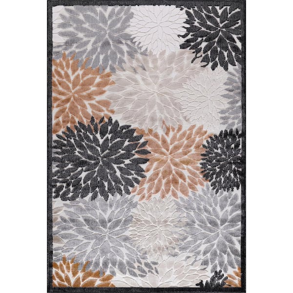 CAMILSON Bloom Orange/Gray 8 ft. x 10 ft. Floral Exotic Tropical Indoor/Outdoor Area Rug