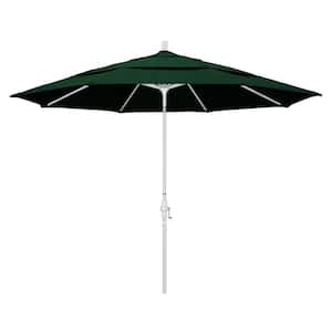 11 ft. White Aluminum Pole Market Aluminum Ribs Crank Lift Outdoor Patio Umbrella in Forest Green Sunbrella