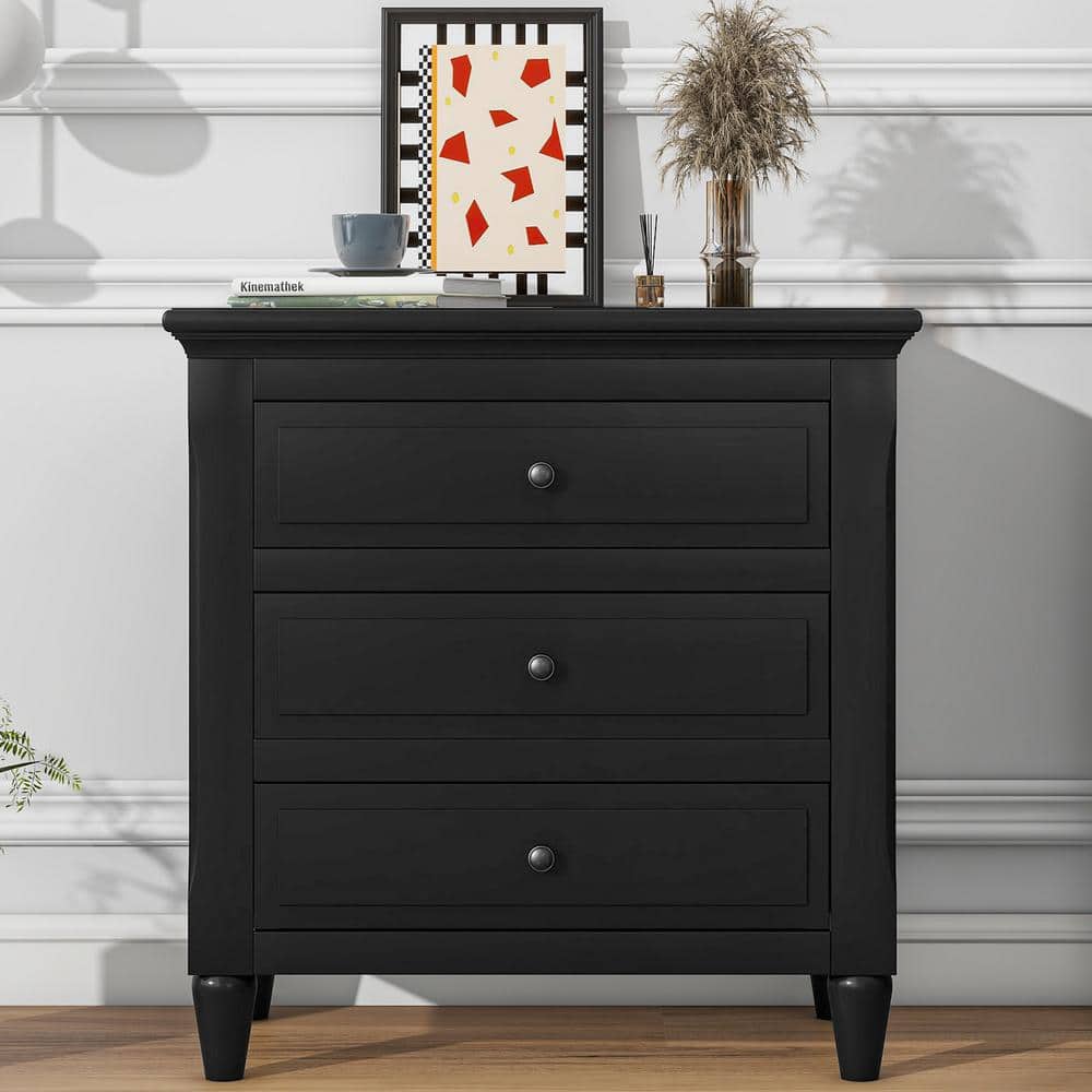 Modern Black 3-Drawer Solid Wood Nightstand with Nickel Knobs