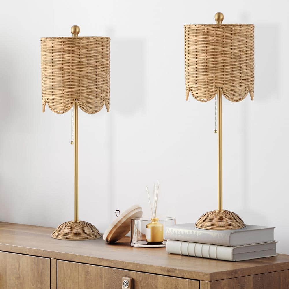 Celerie 27.5" Natural Rattan and Brass Gold LED Table Lamp Set