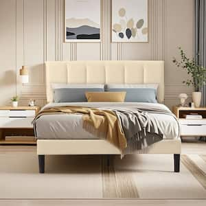 Upholstered Bedframe, Beige Metal Frame Full Platform Bed with Adjustable Headboard, Wood Slat, No Box Spring Needed