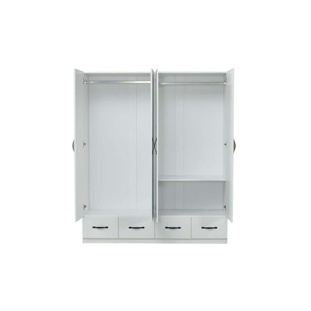 White Wood Armoire with Mirror, 4 Drawers, and Shelves