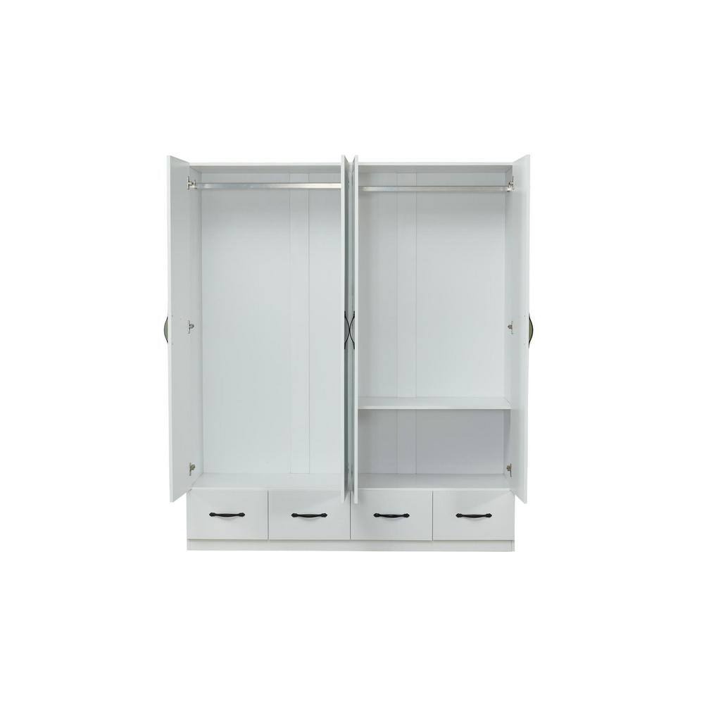White Wood Armoire with Mirror, 4 Drawers, and Shelves